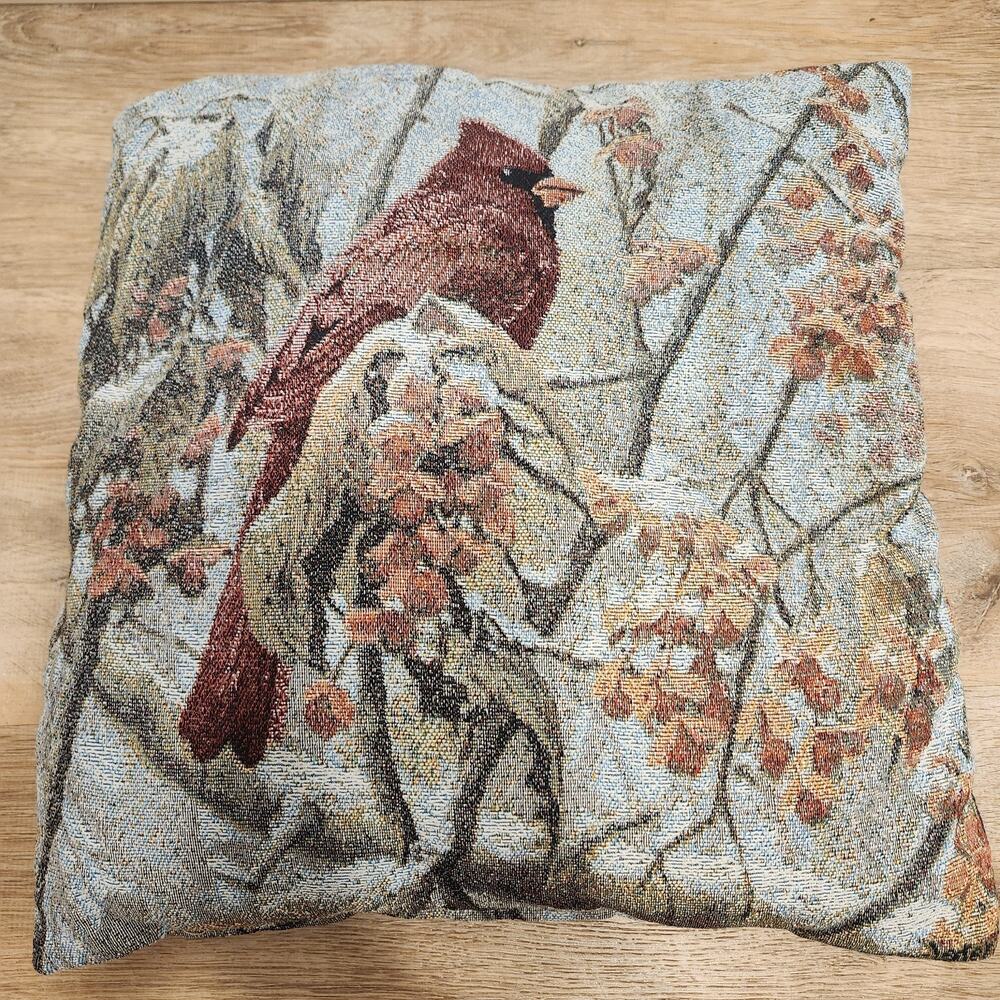 Cardinal Tapestry Pillow Seerey Lester 16x16” Birds Snowy Tree Blue Signed